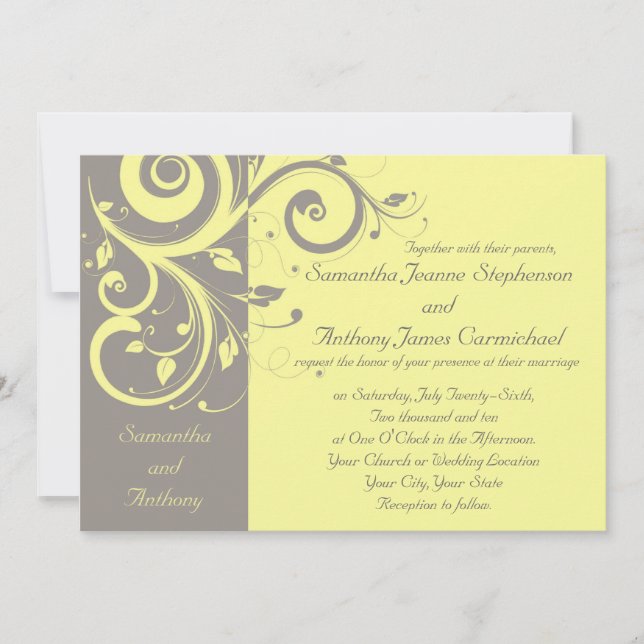 Yellow and Grey Reverse Swirl Wedding Invitations (Front)