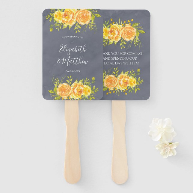 Yellow and Grey Rose Peony Wedding Hand Fan (Front and Back)