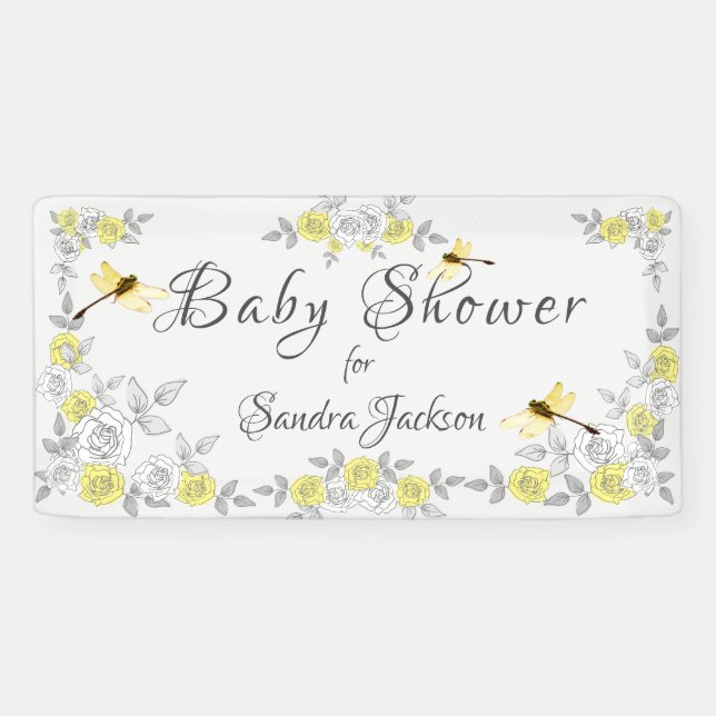 Yellow and Grey Roses Dragonfly Baby Shower   Bann Banner (Horizontal)