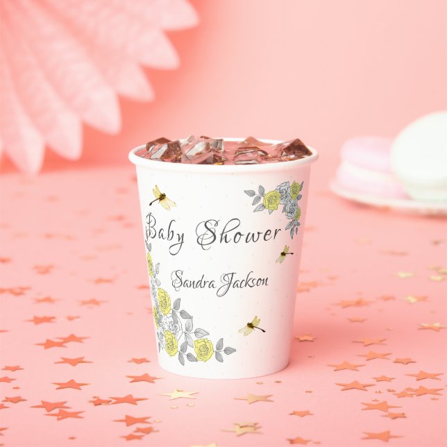 Yellow and Grey Roses Dragonfly Baby Shower  Paper Paper Cups (Insitu)