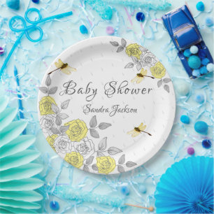 Yellow and Grey Roses Dragonfly Baby Shower Paper Paper Plate