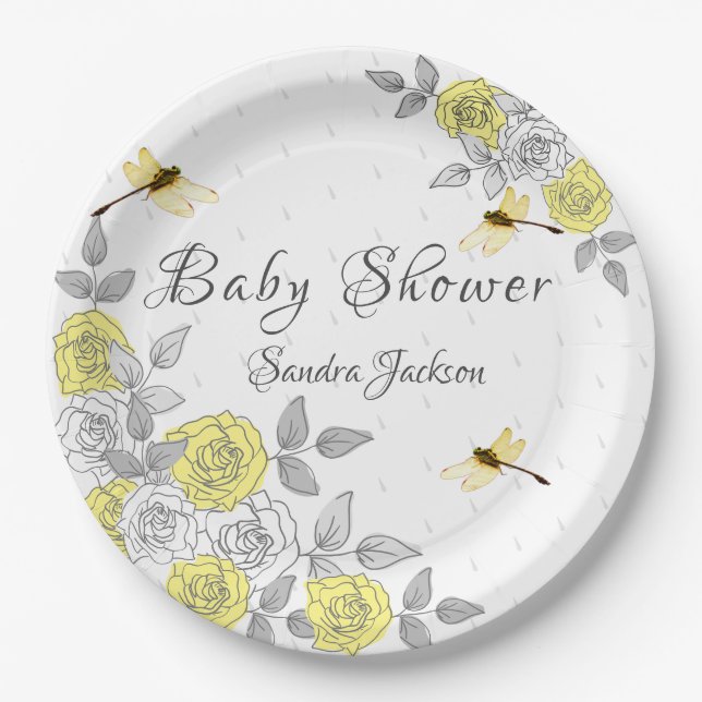 Yellow and Grey Roses Dragonfly Baby Shower Paper  Paper Plate (Front)