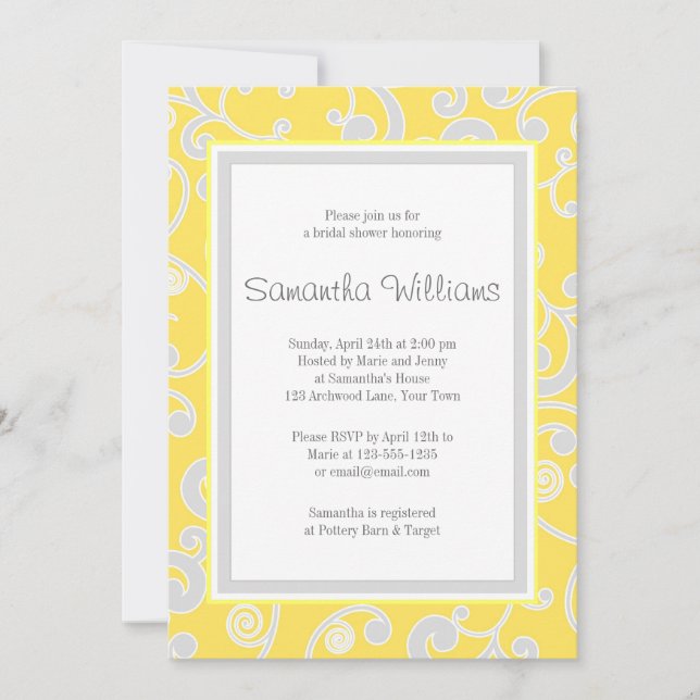 Yellow and Grey Scroll Bridal Shower Invitation (Front)