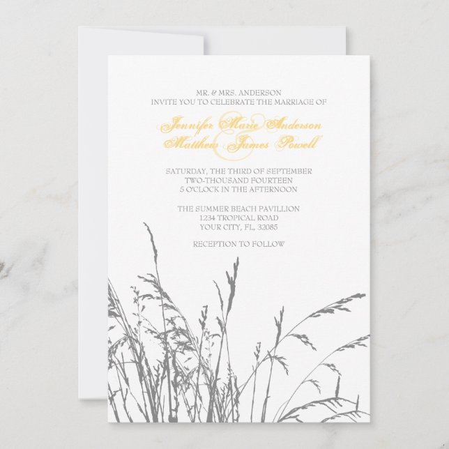 Yellow and Grey Sea Grass Beach Wedding Invitation (Front)
