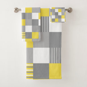 Yellow and grey squares and stripes bath towel set
