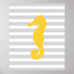 Yellow and Grey Striped Nautical Seahorse Poster