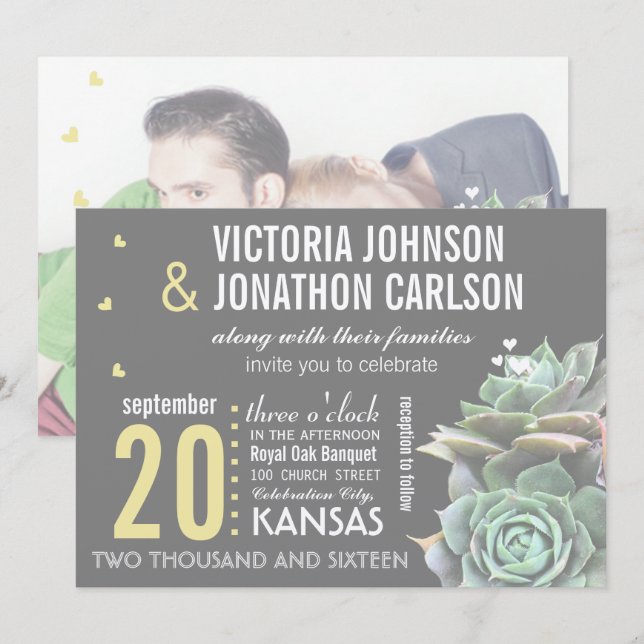 Yellow and Grey Succulent Modern Wedding Invitation (Front/Back)