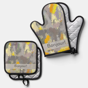 Yellow and Grey Tapestry Oven Mitt & Pot Holder Set