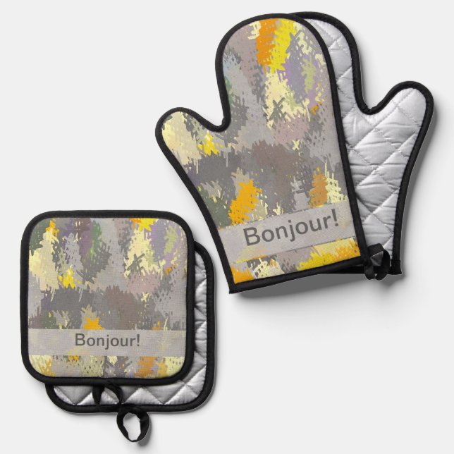 Yellow and Grey Tapestry Oven Mitt & Pot Holder Set (Front/Back)