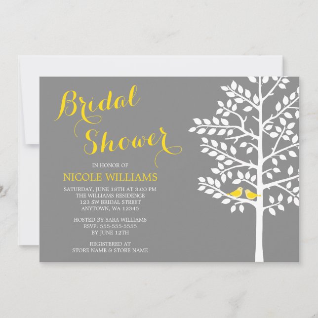 Yellow and Grey Tree Love Birds Bridal Shower Invitation (Front)