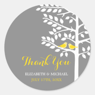 Yellow and Grey Tree Love Birds Wedding Thank You Classic Round Sticker