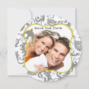 Yellow and Grey Vintage Bird Damask Invitation