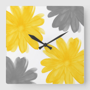 Yellow and Grey Watercolor Flowers Square Wall Clock