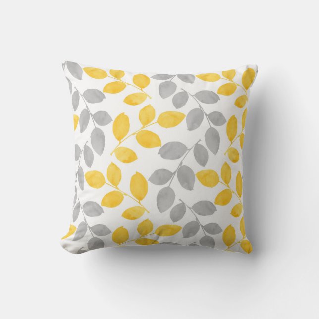 Yellow and Grey Watercolor Leaves Cushion (Front)