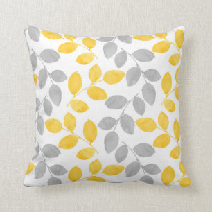 Yellow and Grey Watercolor Leaves Cushion