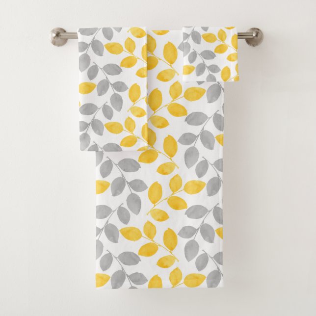 Yellow and Grey Watercolor Leaves Pattern Bath Towel Set (Insitu)