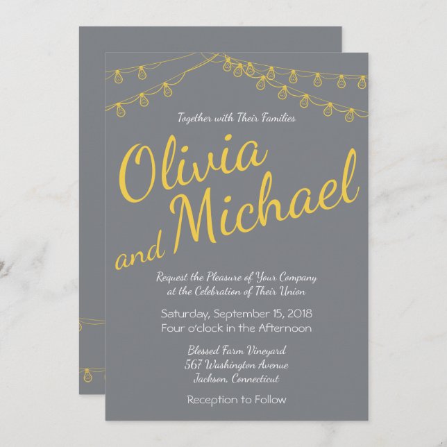 Yellow and Grey Wedding Invitation with Lights (Front/Back)