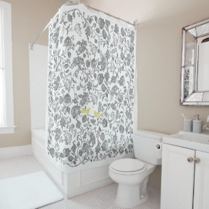 Yellow and Grey White Floral Bird Pattern Shower Curtain