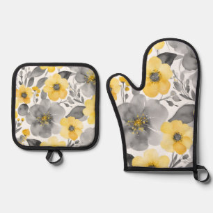 Yellow And Grey Wildflowers Watercolor Floral Art Oven Mitt & Pot Holder Set