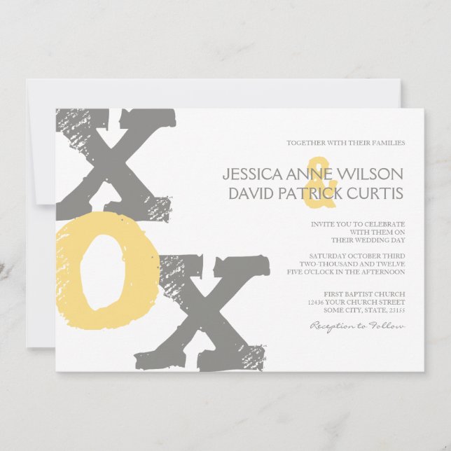Yellow and Grey XOX Wedding Invitation (Front)