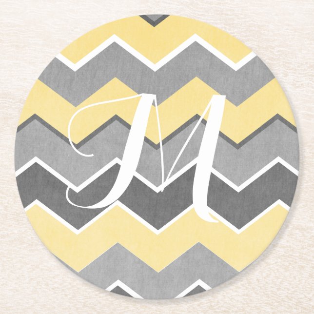 Yellow and Grey Zig Zag Pattern Round Paper Coaster (Front)