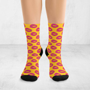Yellow and Hot Pink Pop Art Kissing Lips XOXO Socks
