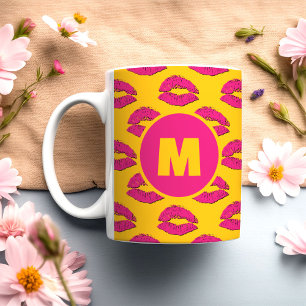 Yellow and Hot Pink XOXO Kissing Lips Personalised Coffee Mug