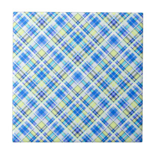 Yellow and light blue chequered print pattern ceramic tile
