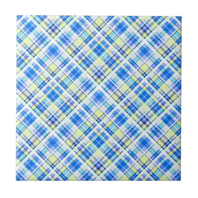 Yellow and light blue chequered print pattern ceramic tile (Front)