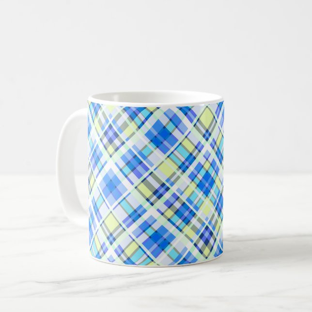 Yellow and light blue chequered print pattern coffee mug (Front Left)