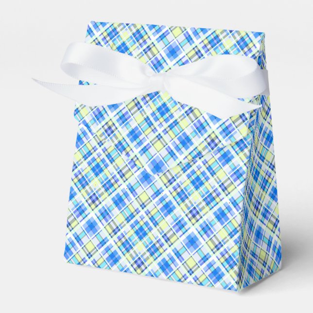Yellow and light blue chequered print pattern favour box (Front Side)