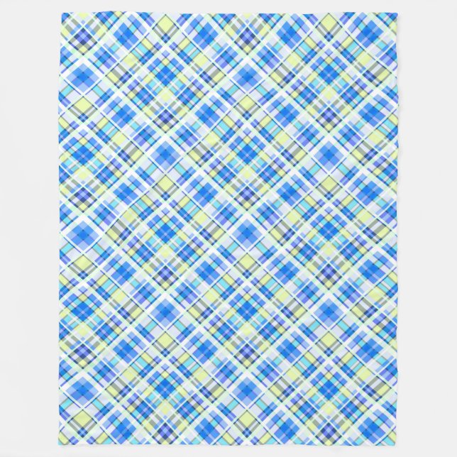 Yellow and light blue chequered print pattern fleece blanket (Front)