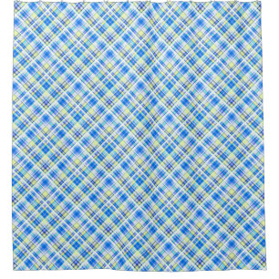 Yellow and light blue chequered print pattern shower curtain