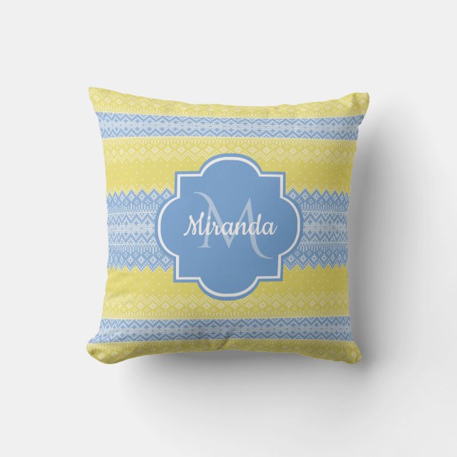 Yellow and Light Blue Knit Pattern With Monogram Cushion (Front)
