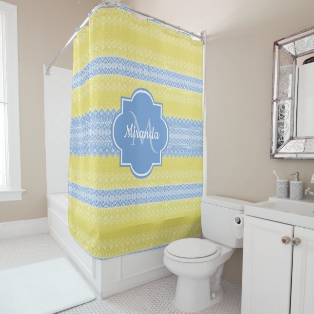 Yellow and Light Blue Knit Pattern With Monogram Shower Curtain (In Situ)