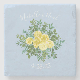 Yellow and Light Blue Rose Vintage Spring Wedding Stone Coaster