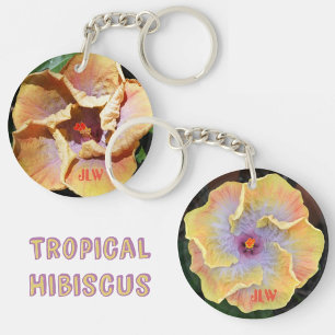 Yellow and Lilac Hibiscus Flowers with Initials Key Ring