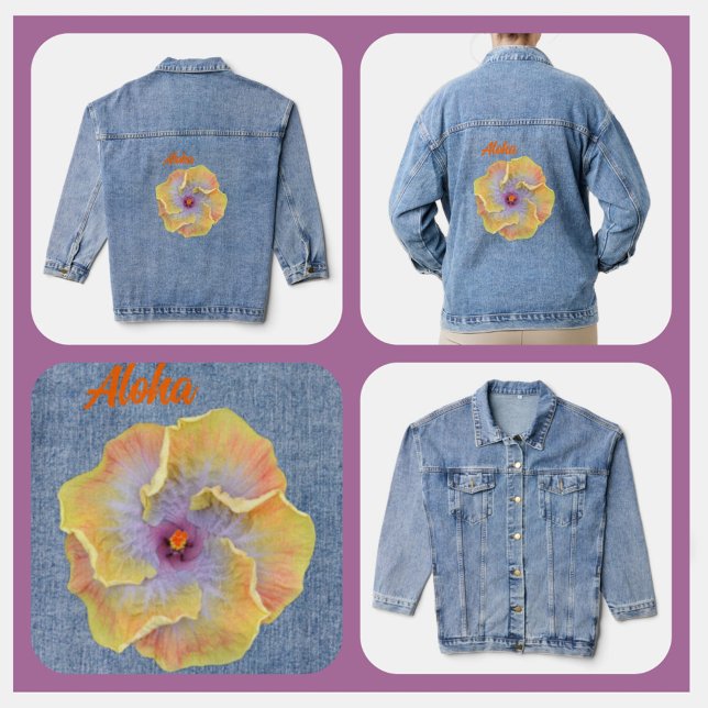 Yellow and Lilac Tropical Hibiscus Hawaiian Aloha Denim Jacket (Creator Uploaded)