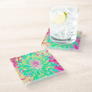 Yellow and Magenta Decorative Dahlia Flower Glass Coaster