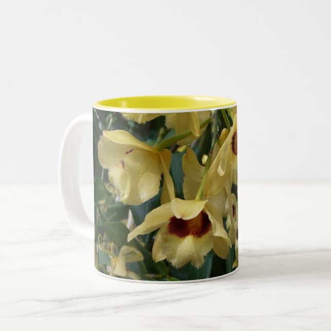 Yellow and Maroon Orchids Elegant Floral Two-Tone Coffee Mug (Front Left)