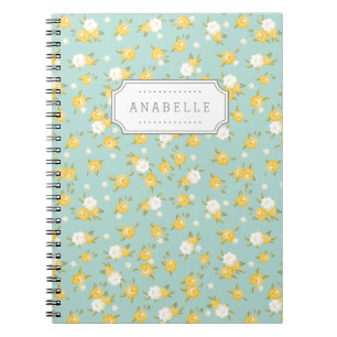 Yellow and Mint Chic Vintage Floral Print Monogram Notebook