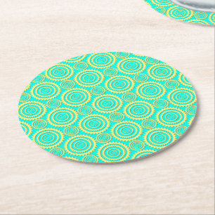 Yellow and Mint Green Geometric Circles Pattern Round Paper Coaster