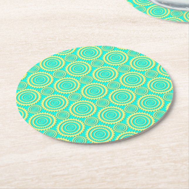 Yellow and Mint Green Geometric Circles Pattern Round Paper Coaster (Angled)