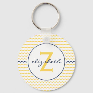 Yellow and Navy Blue Chevron Monogram Key Ring