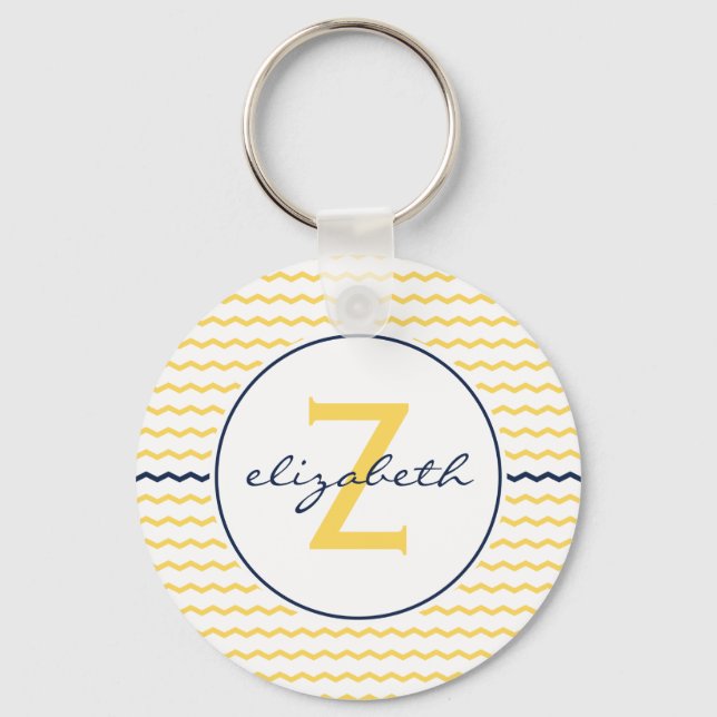 Yellow and Navy Blue Chevron Monogram Key Ring (Front)