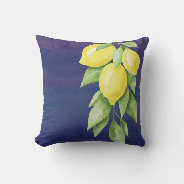 Yellow and Navy blue Lemon floral Pillow (Front)
