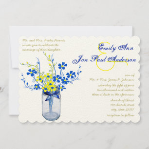 Yellow and Navy Blue Mason Jar Wild Flower Wedding Invitation