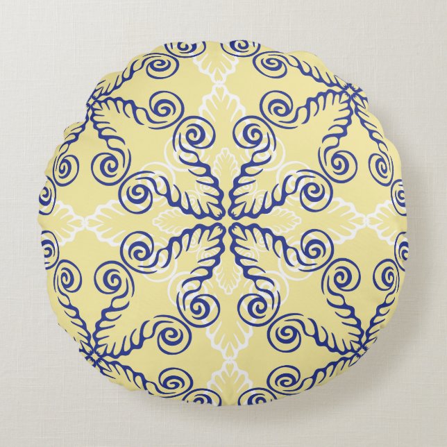 Yellow and Navy Blue Pattern Round Pillow (Front)