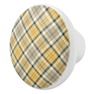 Yellow and Navy Blue Plaid Ceramic Knob