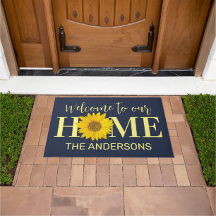 Yellow and Navy Custom Name Sunflower Welcome Doormat